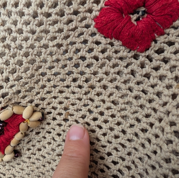 Vintage Medium Beaded Macrame Tan Beige Button Front V-neck Women's Vest *FLAWS - Picture 5 of 12